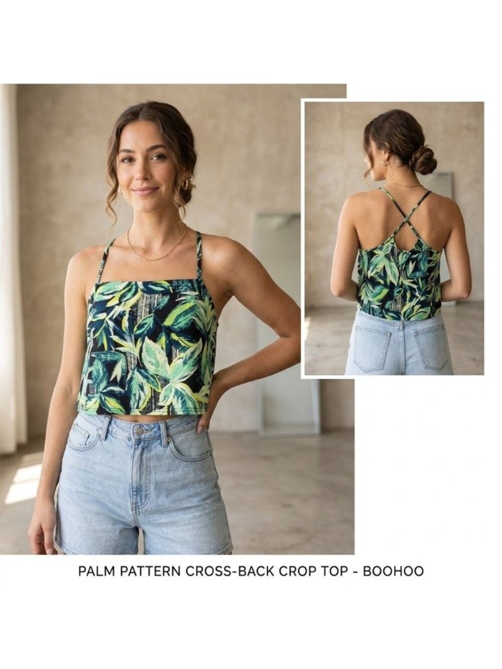 Tropical Leaf Print Crop Top With Crisscross Back Straps Boohoo Size US 10 95% P